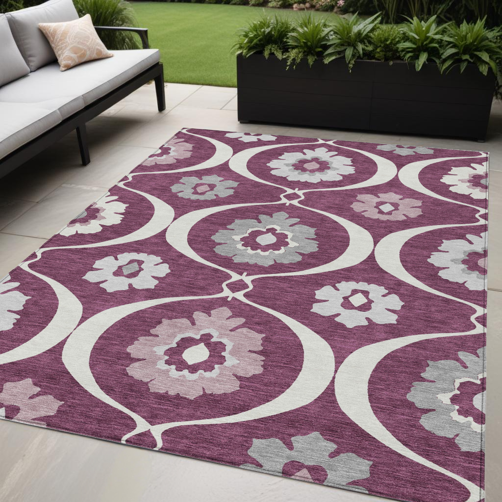 5' X 8' Eggplant Ivory And Gray Medallion Washable Indoor Outdoor Area Rug-0