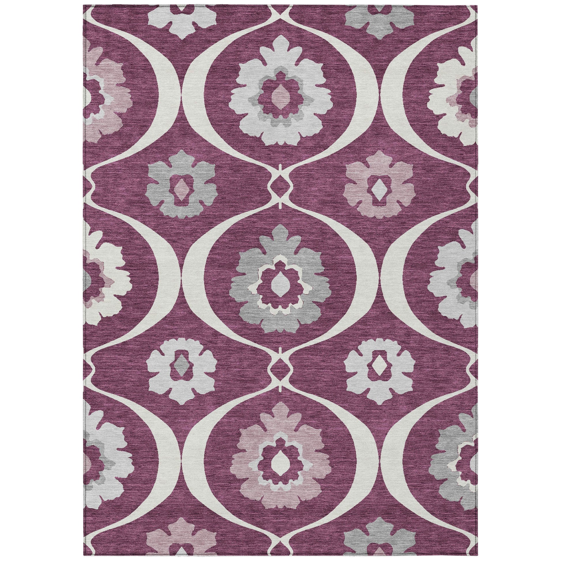 5' X 8' Eggplant Ivory And Gray Medallion Washable Indoor Outdoor Area Rug-1