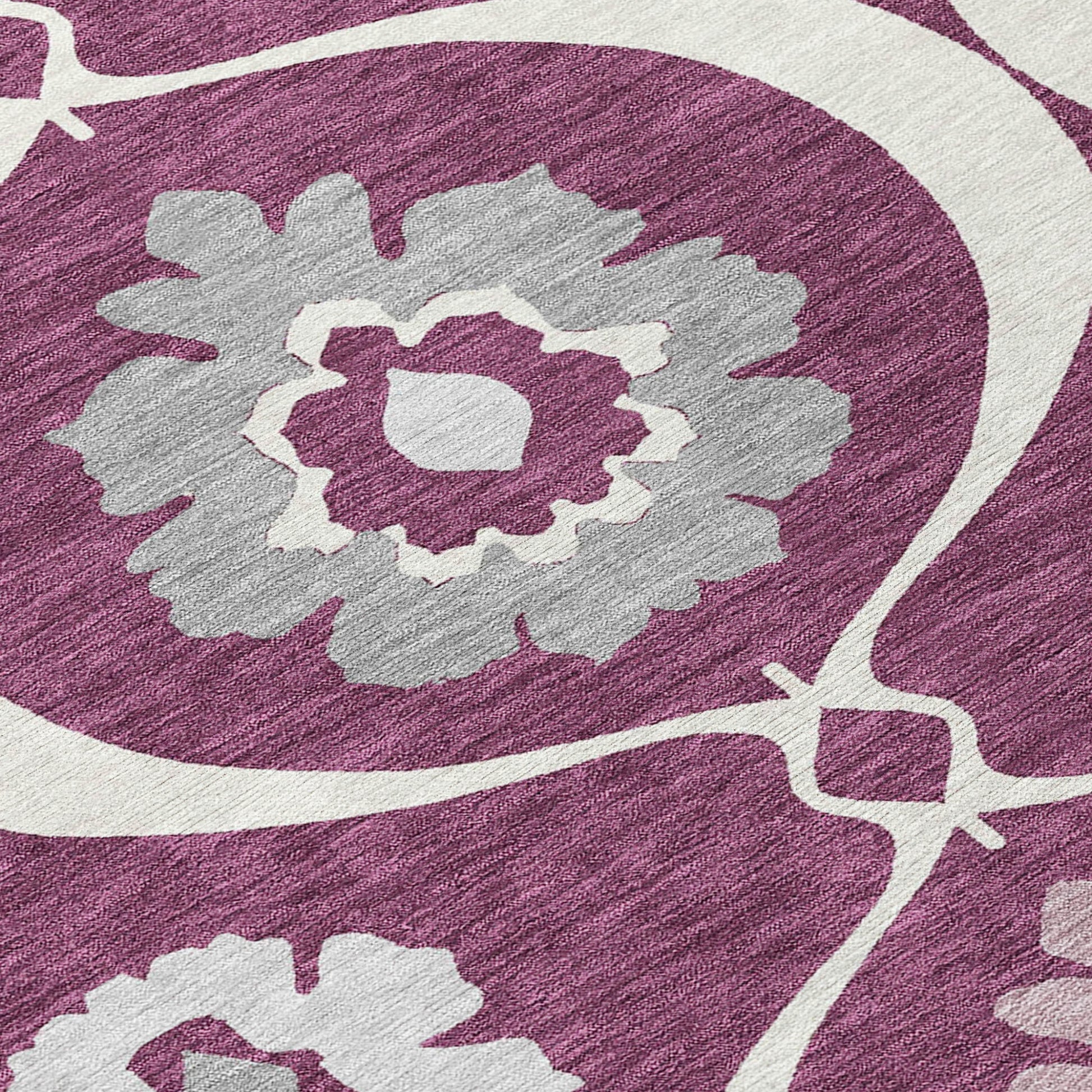 5' X 8' Eggplant Ivory And Gray Medallion Washable Indoor Outdoor Area Rug-6