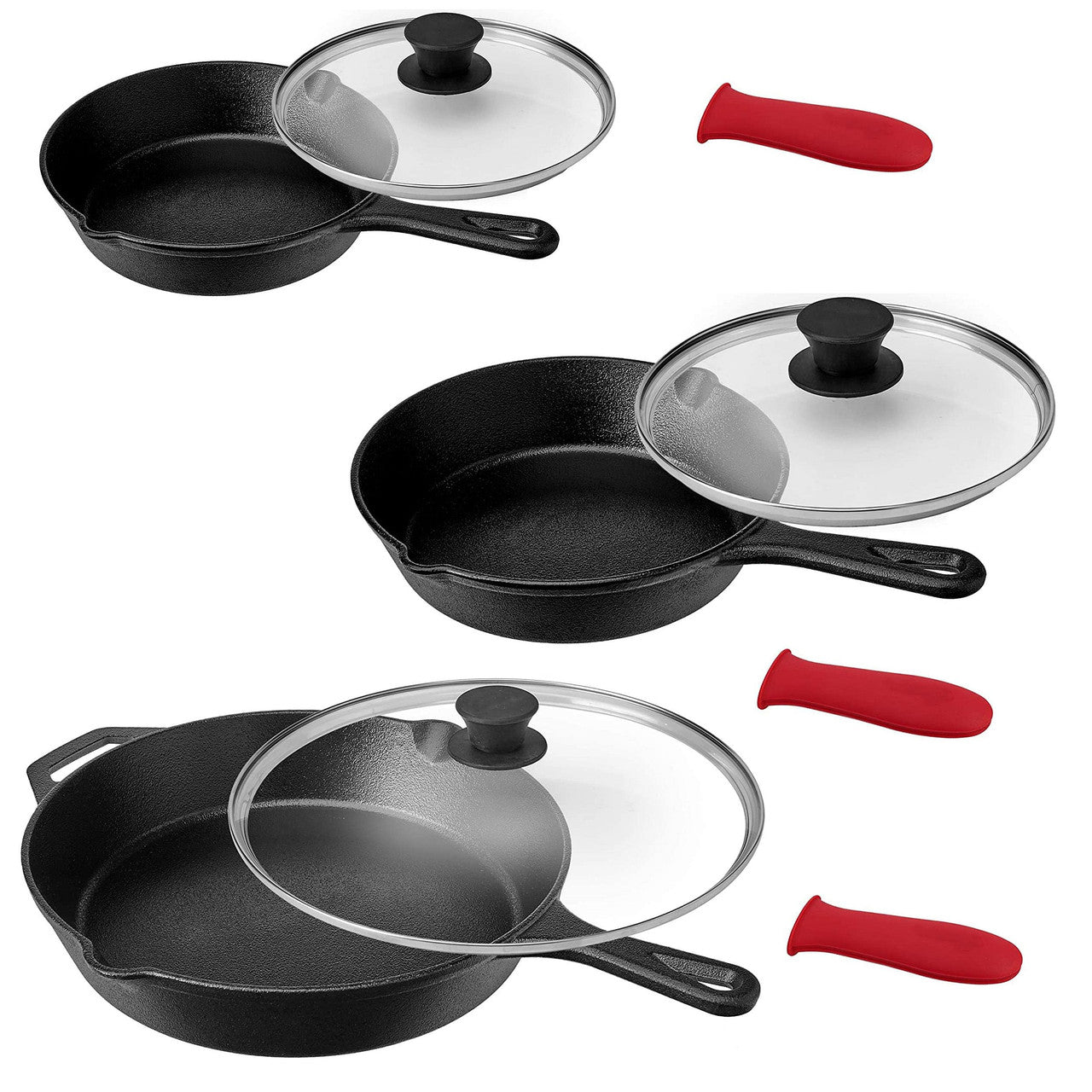 MegaChef Pre-Seasoned 9 Piece Cast Iron Skillet Set with Lids and Red Silicone Holder-0