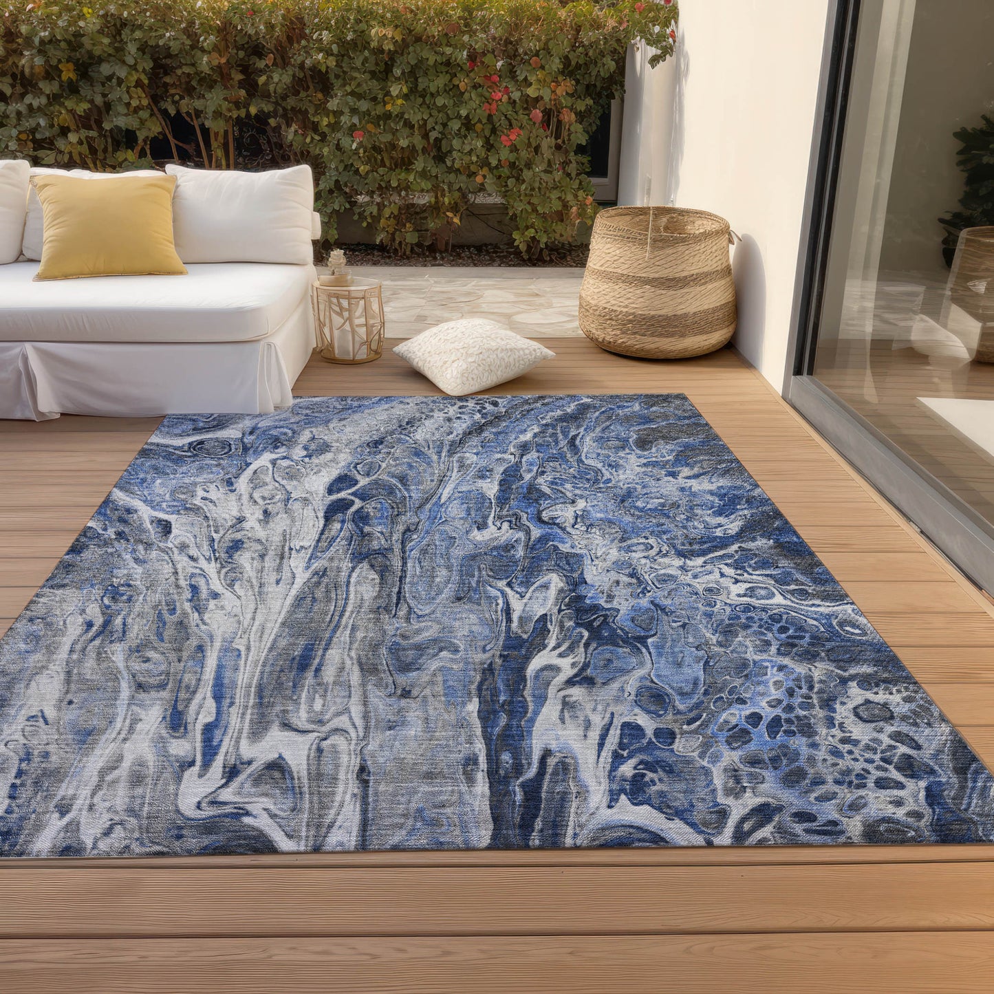 3' X 5' Denim Blue And Navy Blue Abstract Washable Indoor Outdoor Area Rug