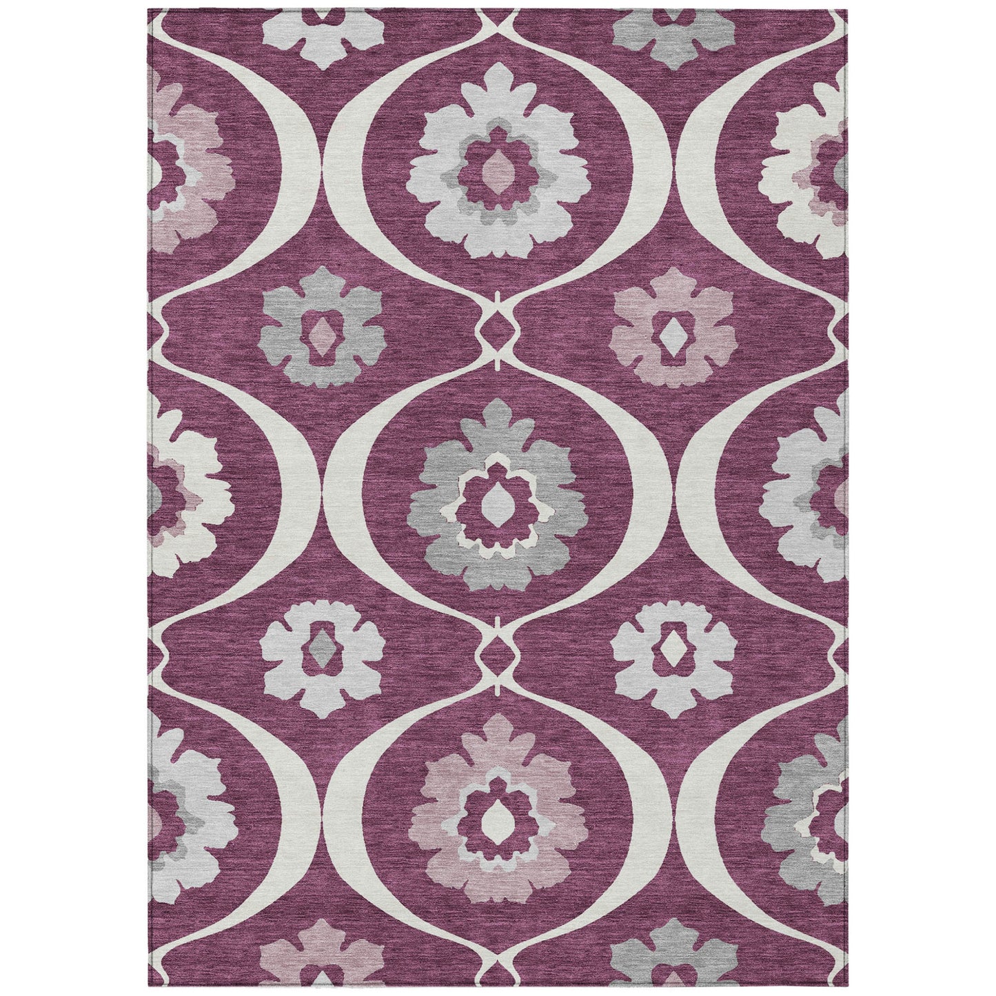 5' X 8' Eggplant Ivory And Gray Medallion Washable Indoor Outdoor Area Rug-1