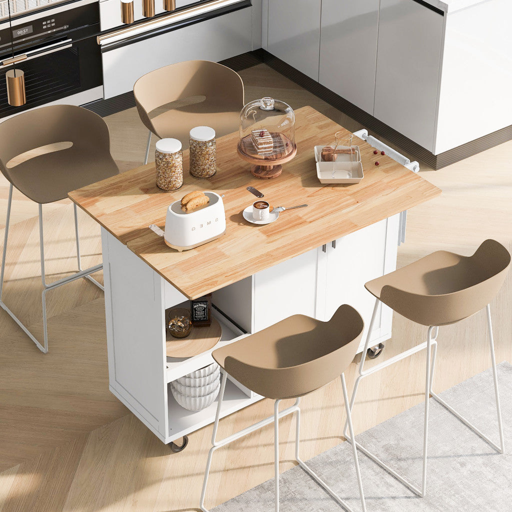 49" White Wood Rolling Kitchen Island With Storage