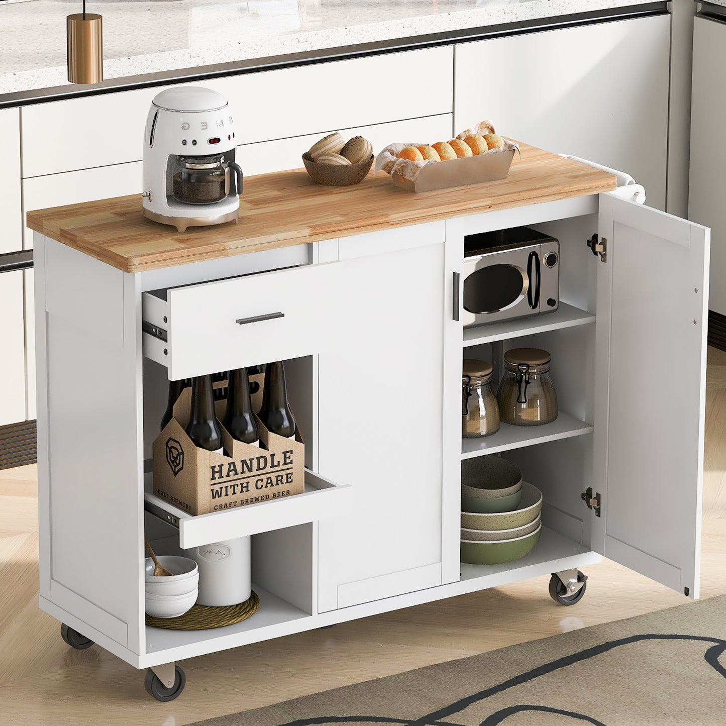 49" White Wood Rolling Kitchen Island With Storage