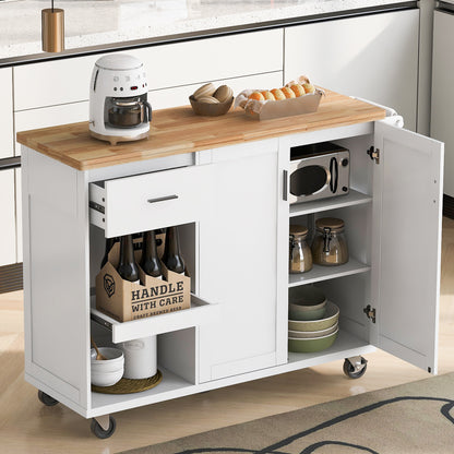 49" White Wood Rolling Kitchen Island With Storage